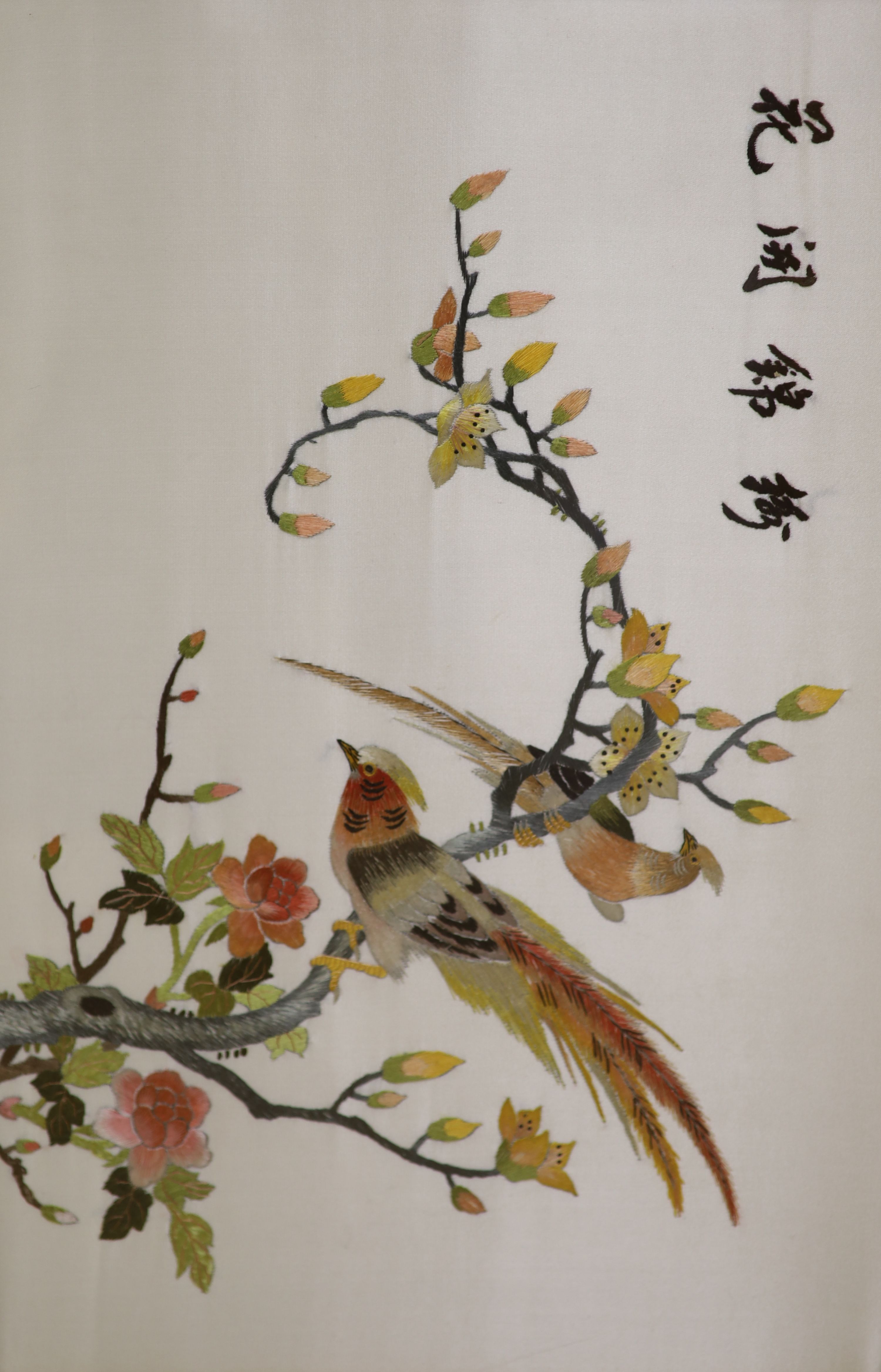 A pair of polychrome Chinese embroideries of pheasant, 28 x 43cm